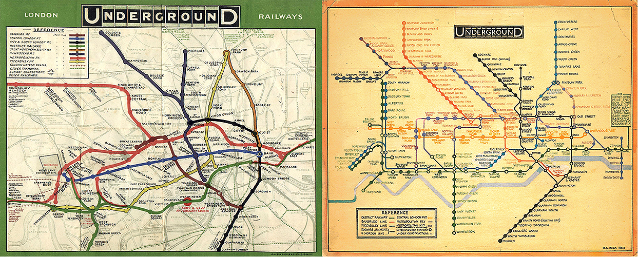 Mapa do metrô de 1909 (esquerda) e a versão de Harry Beck, de 1931