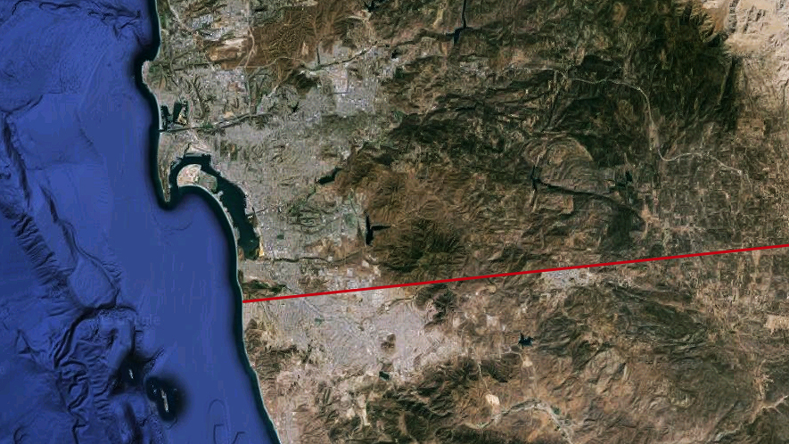 Imagem de satélite da região metropolitana San Diego-Tijuana. A linha vermelha marca a fronteira (Google Earth/Outra Cidade)