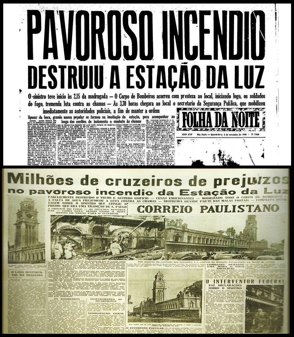 Capas das edições da Folha da Noite e do Correio Paulistano no dia seguinte ao incêndio de 1946 da Estação da Luz (Reprodução)