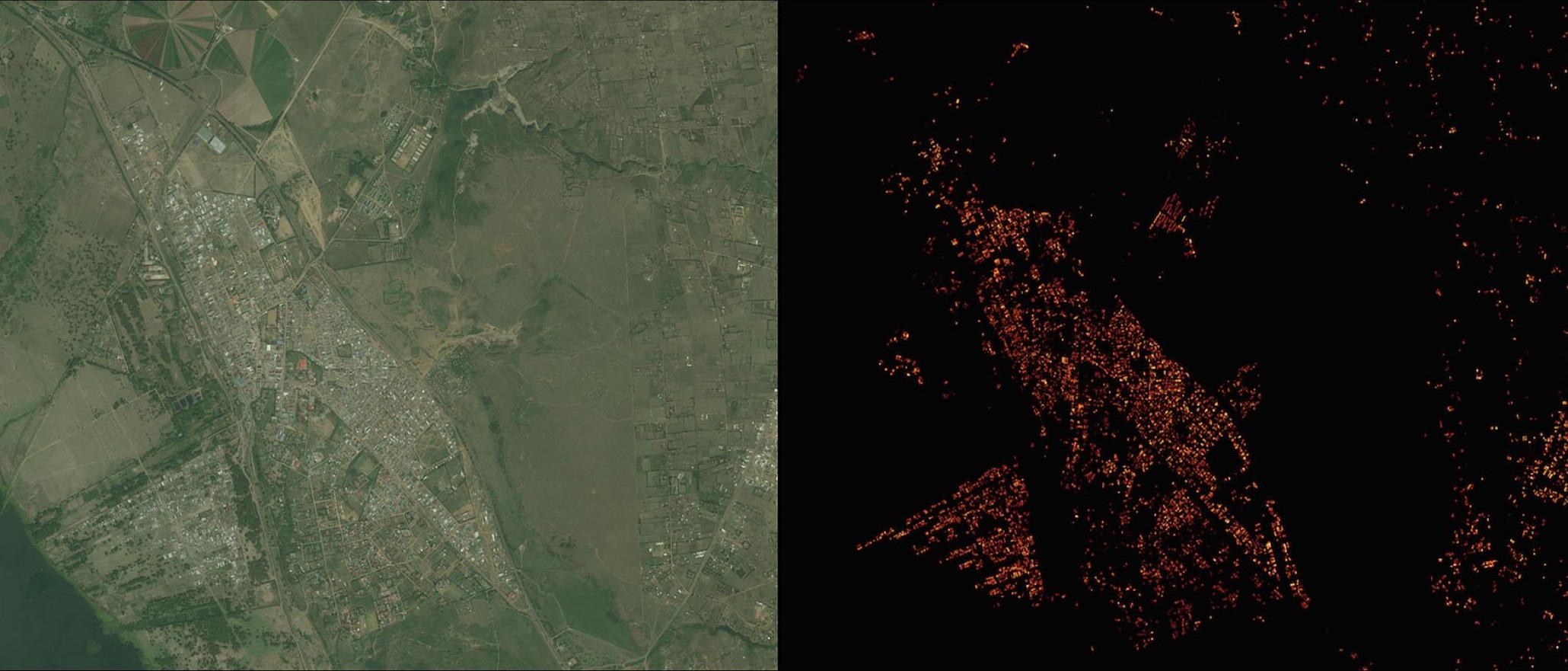 À esquerda, mapa de Naivasha da Universidade de Columbia, à direita a representação dos povoamentos feita pelo Facebook (Divulgação)