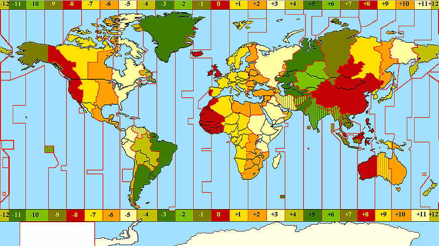 Mapa com os fusos horários do mundo, ainda sem o horário de verão chileno