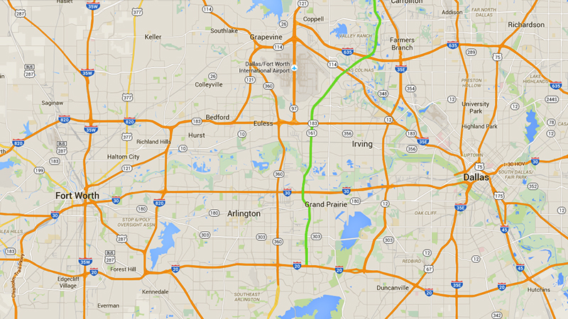 Mapa do sistema de autopistas da região metropolitana de Dallas-Fort Worth. A SH 161 está em verde