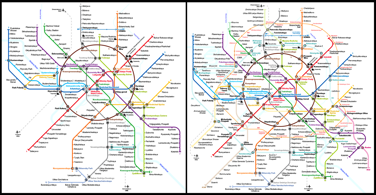 Mapa do metrô de Moscou no início da década (à esquerda) e a previsão após a expansão