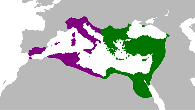 Império Bizantino no início do governo de Justiniano I (verde) e os territórios conquistados (roxo)